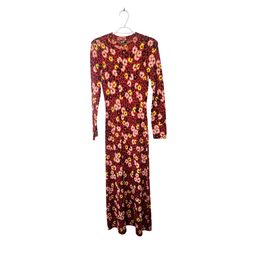 The Kooples Wool Maxi Dress Womens M Floral Leopard Animal Print Red Yellow - Picture 3 of 7